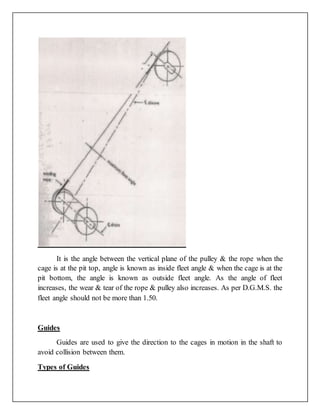 It is the angle between the vertical plane of the pulley & the rope when the
cage is at the pit top, angle is known as inside fleet angle & when the cage is at the
pit bottom, the angle is known as outside fleet angle. As the angle of fleet
increases, the wear & tear of the rope & pulley also increases. As per D.G.M.S. the
fleet angle should not be more than 1.50.
Guides
Guides are used to give the direction to the cages in motion in the shaft to
avoid collision between them.
Types of Guides
 