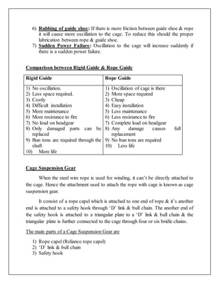 6) Rubbing of guide shoe: If there is more friction between guide shoe & rope
it will cause more oscillation to the cage. To reduce this should the proper
lubrication between rope & guide shoe.
7) Sudden Power Failure: Oscillation to the cage will increase suddenly if
there is a sudden power failure.
Comparison between Rigid Guide & Rope Guide
Rigid Guide Rope Guide
1) No oscillation.
2) Less space required.
3) Costly
4) Difficult installation
5) More maintenance
6) More resistance to fire
7) No load on headgear
8) Only damaged parts can be
replaced
9) Bun tons are required through the
shaft
10) More life
1) Oscillation of cage is there
2) More space required
3) Cheap
4) Easy installation
5) Less maintenance
6) Less resistance to fire
7) Complete load on headgear
8) Any damage causes full
replacement
9) No bun tons are required
10) Less life
Cage Suspension Gear
When the steel wire rope is used for winding, it can’t be directly attached to
the cage. Hence the attachment used to attach the rope with cage is known as cage
suspension gear.
It consist of a rope capel which is attached to one end of rope & it’s another
end is attached to a safety hook through ‘D’ link & bull chain. The another end of
the safety hook is attached to a triangular plate to a ‘D’ link & bull chain & the
triangular plate is further connected to the cage through four or six bridle chains.
The main parts of a Cage Suspension Gear are
1) Rope capel (Reliance rope capel)
2) ‘D’ link & bull chain
3) Safety hook
 