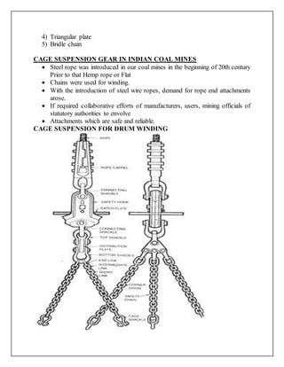 4) Triangular plate
5) Bridle chain
CAGE SUSPENSION GEAR IN INDIAN COAL MINES
 Steel rope was introduced in our coal mines in the beginning of 20th century
Prior to that Hemp rope or Flat
 Chains were used for winding.
 With the introduction of steel wire ropes, demand for rope end attachments
arose.
 If required collaborative efforts of manufacturers, users, mining officials of
statutory authorities to envolve
 Attachments which are safe and reliable.
CAGE SUSPENSION FOR DRUM WINDING
 