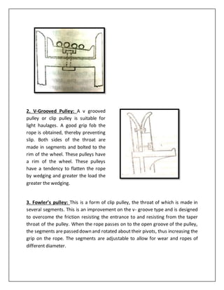 2. V-Grooved Pulley: A v grooved
pulley or clip pulley is suitable for
light haulages. A good grip fob the
rope is obtained, thereby preventing
slip. Both sides of the throat are
made in segments and bolted to the
rim of the wheel. These pulleys have
a rim of the wheel. These pulleys
have a tendency to flatten the rope
by wedging and greater the load the
greater the wedging.
3. Fowler’s pulley: This is a form of clip pulley, the throat of which is made in
several segments. This is an improvement on the v- groove type and is designed
to overcome the friction resisting the entrance to and resisting from the taper
throat of the pulley. When the rope passes on to the open groove of the pulley,
the segments are passed down and rotated about their pivots, thus increasing the
grip on the rope. The segments are adjustable to allow for wear and ropes of
different diameter.
 