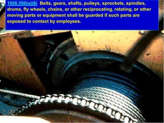 1926.550(a)(8) Belts, gears, shafts, pulleys, sprockets, spindles,
drums, fly wheels, chains, or other reciprocating, rotating, or other
moving parts or equipment shall be guarded if such parts are
exposed to contact by employees.
 