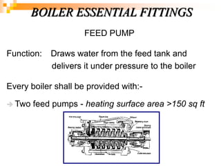 FEED PUMP
Function: Draws water from the feed tank and
delivers it under pressure to the boiler
Every boiler shall be provided with:-
 Two feed pumps - heating surface area >150 sq ft
BOILER ESSENTIAL FITTINGS
 