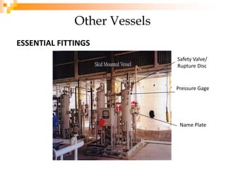 Safety Valve/
Rupture Disc
Pressure Gage
Name Plate
ESSENTIAL FITTINGS
Other Vessels
 