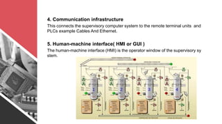 4. Communication infrastructure
This connects the supervisory computer system to the remote terminal units and
PLCs example Cables And Ethernet.
5. Human-machine interface( HMI or GUI )
The human-machine interface (HMI) is the operator window of the supervisory sy
stem.
 