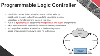 Programmable Logic Controller
 industrial computer that monitors inputs and makes decisions
 based on its program and controls outputs to automate a process
 specialized to handle incoming events in real-time
 PLC is a digital computer designed for multiple inputs and output arrangements
 it has input lines where sensors are connected to notify upon events
 and output lines to signal any reaction to the incoming events
 uses a programmable memory to store the instructions
 