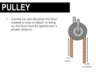 • A pulley can also decrease the force
needed to raise an object. In doing
so, the force must be applied over a
greater distance.
Pull
down...
to lift
an object.
PULLEY
 