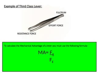 Example of Third Class Lever:
FULCRUM
EFFORT FORCE
RESISTANCE FORCE
To calculate the Mechanical Advantage of a lever you must use the following formula:
MA= FR
FE
 