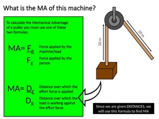 1
0
m
10
m
What is the MA of this machine?
To calculate the Mechanical Advantage
of a pulley you must use one of these
two formulas:
MA= FR
FE
MA= DE
DR
Force applied by the
machine/load
Force applied by the
person
Distance over which the
effort force is applied
Distance over which the
load is working against
the effort force Since we are given DISTANCES, we
will use this formula to find MA
 