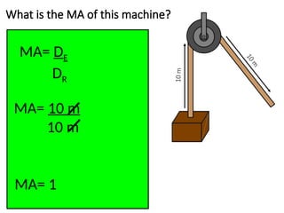 1
0
m
10
m
What is the MA of this machine?
MA= DE
DR
MA= 10 m
10 m
MA= 1
 