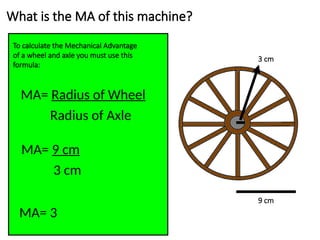 What is the MA of this machine?
To calculate the Mechanical Advantage
of a wheel and axle you must use this
formula:
MA= Radius of Wheel
Radius of Axle
9 cm
3 cm
MA= 9 cm
3 cm
MA= 3
 