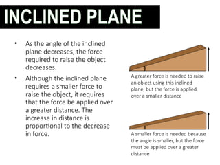 • As the angle of the inclined
plane decreases, the force
required to raise the object
decreases.
• Although the inclined plane
requires a smaller force to
raise the object, it requires
that the force be applied over
a greater distance. The
increase in distance is
proportional to the decrease
in force.
A greater force is needed to raise
an object using this inclined
plane, but the force is applied
over a smaller distance
A smaller force is needed because
the angle is smaller, but the force
must be applied over a greater
distance
INCLINED PLANE
 