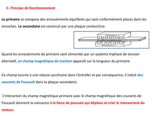 Le primaire se compose des enroulements équilibrés qui sont uniformément places dans les
encoches. Le secondaire est construit par une plaque conductrice.
Quand les enroulements de primaire sont alimentés par un système triphasé de tension
alternatif, un champ magnétique de traction apparaît sur la longueur du primaire.
Ce champ tourne à une vitesse synchrone dans l'entrefer et par conséquence, il induit des
courants de Foucault dans la plaque secondaire.
L’interaction du champ magnétique primaire avec le champ magnétique des courants de
Foucault donnent la naissance à la force de poussée qui déplace et crier le mouvement du
moteur.
C- Principe de fonctionnement
 