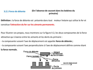 3.2.1 Force de détente
Définition : la force de détente est présente dans tout moteur linéaire qui utilise le fer et
constitue l’attraction du fer sur les aimants permanents.
Pour illustrer ces propos, nous montrons sur la figure II.2, les deux composantes de la force
attractive qui s'exerce entre les aimants et les dents du primaire :
- la composante suivant l'axe de déplacement est appelée force de détente ;
- la composante suivant l'axe perpendiculaire à l'axe de déplacement définie comme étant
la force normale.
(En l'absence de courant dans les bobines du
primaire)
 