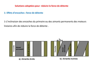 1-L'inclinaison des encoches du primaire ou des aimants permanents des moteurs
linéaires afin de réduire la force de détente .
Solutions adoptées pour réduire la force de détente
1- Effets d'encoches : force de détente
 