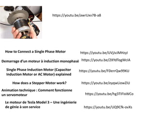 https://youtu.be/awrUxv7B-a8
How to Connect a Single Phase Motor https://youtu.be/UVjJvJMHzyI
https://youtu.be/2XYdTogWcIA
Demarrage d’un moteur à induction monophasé
Single Phase Induction Motor (Capacitor
Induction Motor or AC Motor) explained
https://youtu.be/FDerrQw99KU
https://youtu.be/eyqwLiowZiU
How does a Stepper Motor work?
Animation technique : Comment fonctionne
un servomoteur https://youtu.be/hg3TIFIxWCo
Le moteur de Tesla Model 3 – Une ingénierie
de génie à son service https://youtu.be/UQ9Cfk-ovXs
 