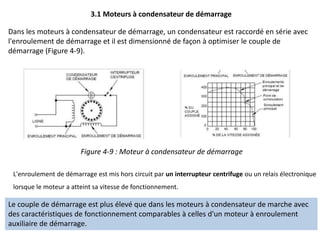 Dans les moteurs à condensateur de démarrage, un condensateur est raccordé en série avec
l'enroulement de démarrage et il est dimensionné de façon à optimiser le couple de
démarrage (Figure 4-9).
Figure 4-9 : Moteur à condensateur de démarrage
L'enroulement de démarrage est mis hors circuit par un interrupteur centrifuge ou un relais électronique
lorsque le moteur a atteint sa vitesse de fonctionnement.
3.1 Moteurs à condensateur de démarrage
Le couple de démarrage est plus élevé que dans les moteurs à condensateur de marche avec
des caractéristiques de fonctionnement comparables à celles d'un moteur à enroulement
auxiliaire de démarrage.
 