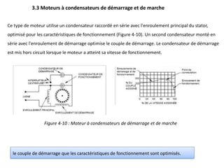 le couple de démarrage que les caractéristiques de fonctionnement sont optimisés.
3.3 Moteurs à condensateurs de démarrage et de marche
Figure 4-10 : Moteur à condensateurs de démarrage et de marche
Ce type de moteur utilise un condensateur raccordé en série avec l'enroulement principal du stator,
optimisé pour les caractéristiques de fonctionnement (Figure 4-10). Un second condensateur monté en
série avec l'enroulement de démarrage optimise le couple de démarrage. Le condensateur de démarrage
est mis hors circuit lorsque le moteur a atteint sa vitesse de fonctionnement.
 