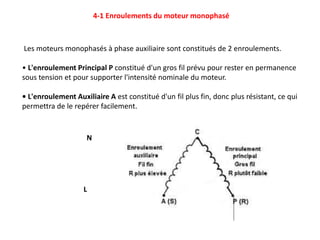 Les moteurs monophasés à phase auxiliaire sont constitués de 2 enroulements.
• L'enroulement Principal P constitué d'un gros fil prévu pour rester en permanence
sous tension et pour supporter l'intensité nominale du moteur.
• L'enroulement Auxiliaire A est constitué d'un fil plus fin, donc plus résistant, ce qui
permettra de le repérer facilement.
4-1 Enroulements du moteur monophasé
N
L
 