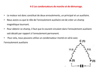 • Le moteur est donc constitué de deux enroulements, un principal et un auxiliaire.
• Nous avons vu que le rôle de l'enroulement auxiliaire est de créer un champ
magnétique tournant.
• Pour obtenir ce champ, il faut que le courant circulant dans l'enroulement auxiliaire
soit décalé par rapport à l'enroulement permanent.
• Pour cela, nous pouvons utilise un condensateur monté en série avec
l'enroulement auxiliaire
4-2 Les condensateurs de marche et de démarrage.
 