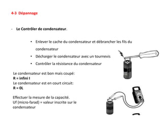 4-3 Dépannage
- Le Contrôler de condensateur.
• Enlever le cache du condensateur et débrancher les fils du
condensateur
• Décharger le condensateur avec un tournevis
• Contrôler la résistance du condensateur
Le condensateur est bon mais coupé:
R = infini I
Le condensateur est en court circuit:
R = 0L
Effectuer la mesure de la capacité.
Uf (micro-farad) = valeur inscrite sur le
condensateur
 