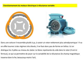 Fonctionnement du moteur électrique à réluctance variable
Dans une voiture il ressemble plutôt à ça, à savoir un rotor nettement plus aérodynamique ! Il va
en effet tourner à des régimes très élevés, il ne faut donc pas de forme en hélice. Ici on
distingue les 3 pôles au niveau du stator. Le blanc représente du vide dans le rotor (il est ici
ferreux), ce qui va permettre de jouer sur la variabilité de la réluctance (le champ magnétique
traverse bien le fer, beaucoup moins l'air).
 