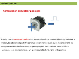1-Moteur pas à pas
Alimentation du Moteur pas à pas
Si on lui fournit un courant continu dans une certaine séquence contrôlée et qui provoque la
rotation, La rotation est peut être continue soit on marche avant ou en marche arriéré ou
nous pouvons contrôler la rotation par petits pas pour un contrôle de haute précision
- Le moteur peut même s’arrèter à un point souhaité et maintenir cette position
 