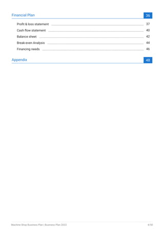 Financial Plan 36
Profit & loss statement 37
Cash flow statement 40
Balance sheet 42
Break-even Analysis 44
Financing needs 46
Appendix 48
Machine Shop Business Plan | Business Plan 2023 4/50
 