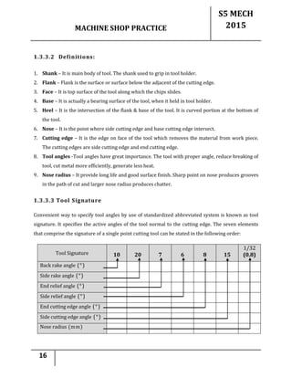 MACHINE SHOP PRACTICE
S5 MECH
2015
16
1.3.3.2 Definitions:
1. Shank – It is main body of tool. The shank used to grip in tool holder.
2. Flank – Flank is the surface or surface below the adjacent of the cutting edge.
3. Face – It is top surface of the tool along which the chips slides.
4. Base – It is actually a bearing surface of the tool, when it held in tool holder.
5. Heel – It is the intersection of the flank & base of the tool. It is curved portion at the bottom of
the tool.
6. Nose – It is the point where side cutting edge and base cutting edge intersect.
7. Cutting edge – It is the edge on face of the tool which removes the material from work piece.
The cutting edges are side cutting edge and end cutting edge.
8. Tool angles -Tool angles have great importance. The tool with proper angle, reduce breaking of
tool, cut metal more efficiently, generate less heat.
9. Nose radius – It provide long life and good surface finish. Sharp point on nose produces grooves
in the path of cut and larger nose radius produces chatter.
1.3.3.3 Tool Signature
Convenient way to specify tool angles by use of standardized abbreviated system is known as tool
signature. It specifies the active angles of the tool normal to the cutting edge. The seven elements
that comprise the signature of a single point cutting tool can be stated in the following order:
Tool Signature 10 20 7 6 8 15
1/32
(0.8)
Back rake angle (°)
Side rake angle (°)
End relief angle (°)
Side relief angle (°)
End cutting edge angle (°)
Side cutting edge angle (°)
Nose radius (mm)
 