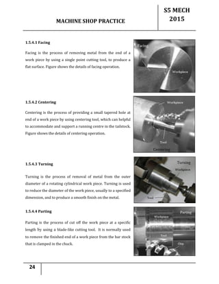 MACHINE SHOP PRACTICE
S5 MECH
2015
24
1.5.4.1 Facing
Facing is the process of removing metal from the end of a
work piece by using a single point cutting tool, to produce a
flat surface. Figure shows the details of facing operation.
1.5.4.2 Centering
Centering is the process of providing a small tapered hole at
end of a work piece by using centering tool, which can helpful
to accommodate and support a running centre in the tailstock.
Figure shows the details of centering operation.
1.5.4.3 Turning
Turning is the process of removal of metal from the outer
diameter of a rotating cylindrical work piece. Turning is used
to reduce the diameter of the work piece, usually to a specified
dimension, and to produce a smooth finish on the metal.
1.5.4.4 Parting
Parting is the process of cut off the work piece at a specific
length by using a blade-like cutting tool. It is normally used
to remove the finished end of a work piece from the bar stock
that is clamped in the chuck.
 