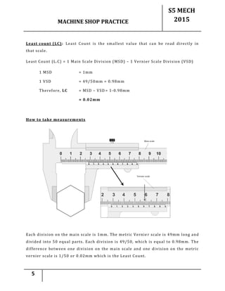 MACHINE SHOP PRACTICE
S5 MECH
2015
5
Least count (LC): Least Count is the smallest value that can be read directly in
that scale.
Least Count (L.C) = 1 Main Scale Division (MSD) – 1 Vernier Scale Division (VSD)
1 MSD = 1mm
1 VSD = 49/50mm = 0.98mm
Therefore, LC = MSD – VSD = 1-0.98mm
= 0.02mm
How to take measurements
Each division on the main scale is 1mm. The metric Vernier scale i s 49mm long and
divided into 50 equal parts. Each division is 49/50, which is equal to 0.98mm. The
difference between one division on the main scale and one division on the metric
vernier scale is 1/50 or 0.02mm which is the Least Count.
 