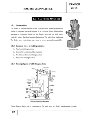 MACHINE SHOP PRACTICE
S5 MECH
2015
59
1.8 SLOTTING MACHINE
1.8.1 Introduction
The slotter or slotting machine is also a reciprocating type of machine tool
similar to a shaper. It may be considered as a vertical shaper. The machine
operates in a manner similar to the shaper, however, the tool moves
vertically rather than in a horizontal direction. The job is held stationary.
The slotter has a vertical ram and a hand or power operated rotary table.
1.8.2 Common types of slotting machine
1. Puncher slotting machine
2. General production slotting machine
3. Precision tool room slotting machine
4. Keyseater slotting machine
1.8.3 Principal parts of a Slotting machine
Figure shows a slotter and its various parts. The main parts of a slotter are discussed as under:
 
