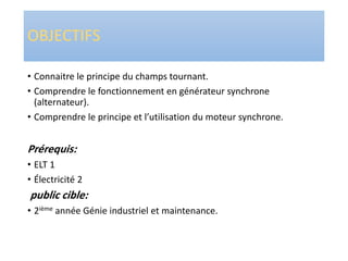 OBJECTIFS
• Connaitre le principe du champs tournant.
• Comprendre le fonctionnement en générateur synchrone
(alternateur).
• Comprendre le principe et l’utilisation du moteur synchrone.
Prérequis:
• ELT 1
• Électricité 2
public cible:
• 2ième année Génie industriel et maintenance.
 