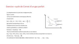 Exercice –cycle de Carnot d’un gaz parfait
1) a) Représentation du cycle dans le diagramme (P,V)
Figure ci-contre
b) Pour les transformations isentropiques AB et CD,
on peut écrire
PAVγ
A = PBVγ
B et PCVγ
C = PDVγ
D avec γ =
Cp
Cv
=
5
3
(gaz parfait monoatomique), d'où en
multipliant terme à terme les membres des
relations précédentes on obtient la relation :
PAPC(VAVC) γ
= PBPD(VBVD) γ
(1)
Pour les transformations isothermes DA et BC on a les relations:
PAVA = PDVD = nRT2 et PCVC = PBVB = nRT1 ( n est le nombre de moles correspondant à la masse m)
d'où PAPC VAVC = PBPD VBVD (2)
En combinant les relations (1) et (2) on déduit facilement PAPC = PBPD ; VAVC = VBVD
 