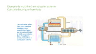 Exemple de machine à combustion externe
Centrale électrique thermique
La combustion a lieu
dans une chaudière
dégageant une
quantité de chaleur
qui sera absorbée par
le fluide en circulation
dans l’installation.
C’est une machine à
combustion externe
 
