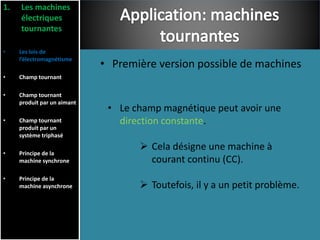 • Première version possible de machines
1. Les machines
électriques
tournantes
• Les lois de
l’électromagnétisme
• Champ tournant
• Champ tournant
produit par un aimant
• Champ tournant
produit par un
système triphasé
• Principe de la
machine synchrone
• Principe de la
machine asynchrone
• Le champ magnétique peut avoir une
direction constante.
 Cela désigne une machine à
courant continu (CC).
 Toutefois, il y a un petit problème.
 