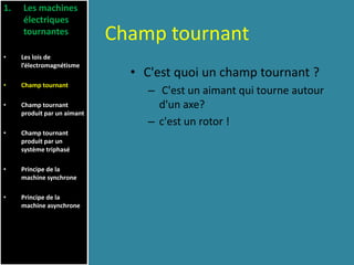 Champ tournant
• C'est quoi un champ tournant ?
– C'est un aimant qui tourne autour
d'un axe?
– c'est un rotor !
1. Les machines
électriques
tournantes
• Les lois de
l’électromagnétisme
• Champ tournant
• Champ tournant
produit par un aimant
• Champ tournant
produit par un
système triphasé
• Principe de la
machine synchrone
• Principe de la
machine asynchrone
 