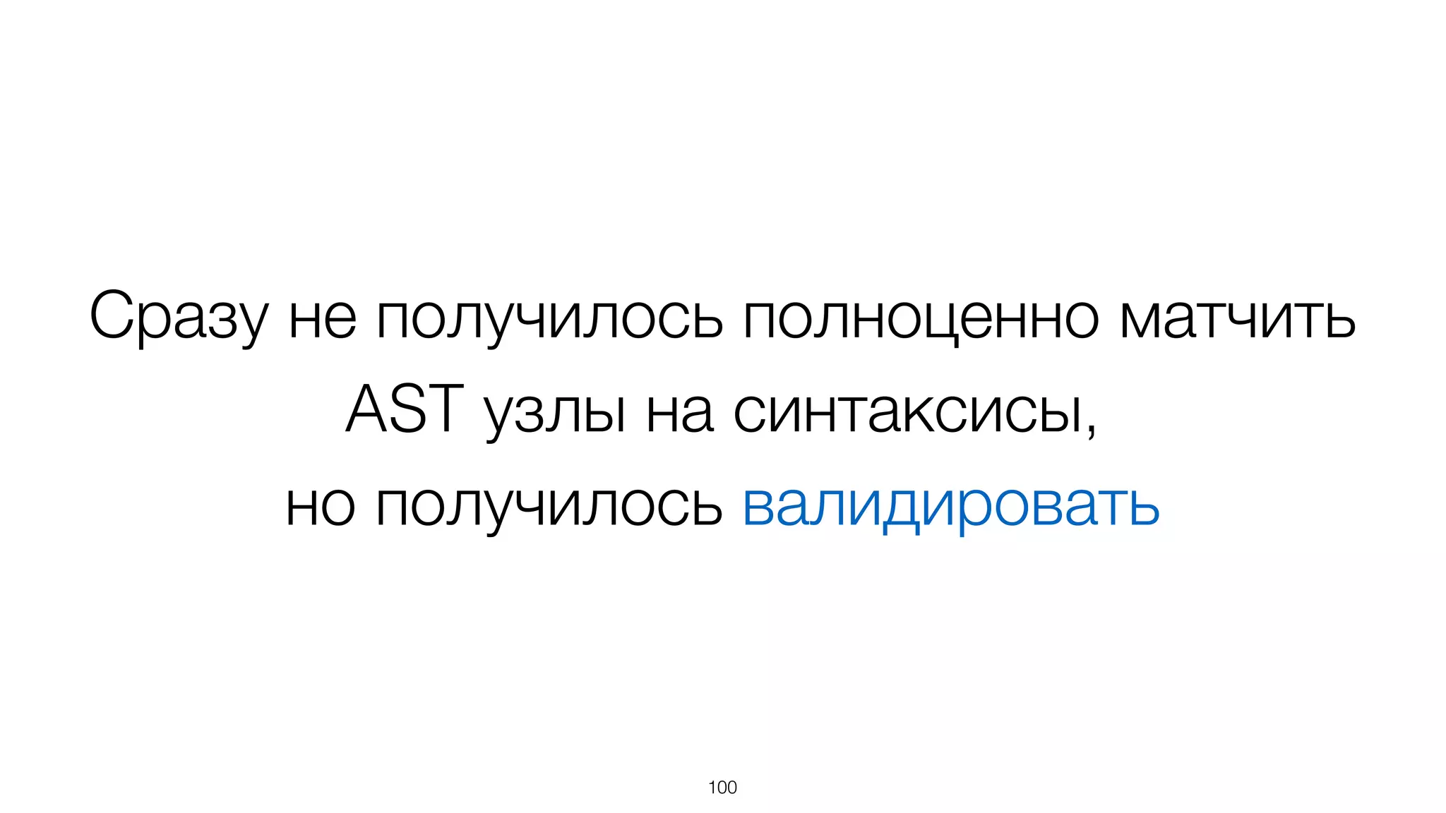 Сразу не получилось полноценно матчить
AST узлы на синтаксисы,
но получилось валидировать
100
 