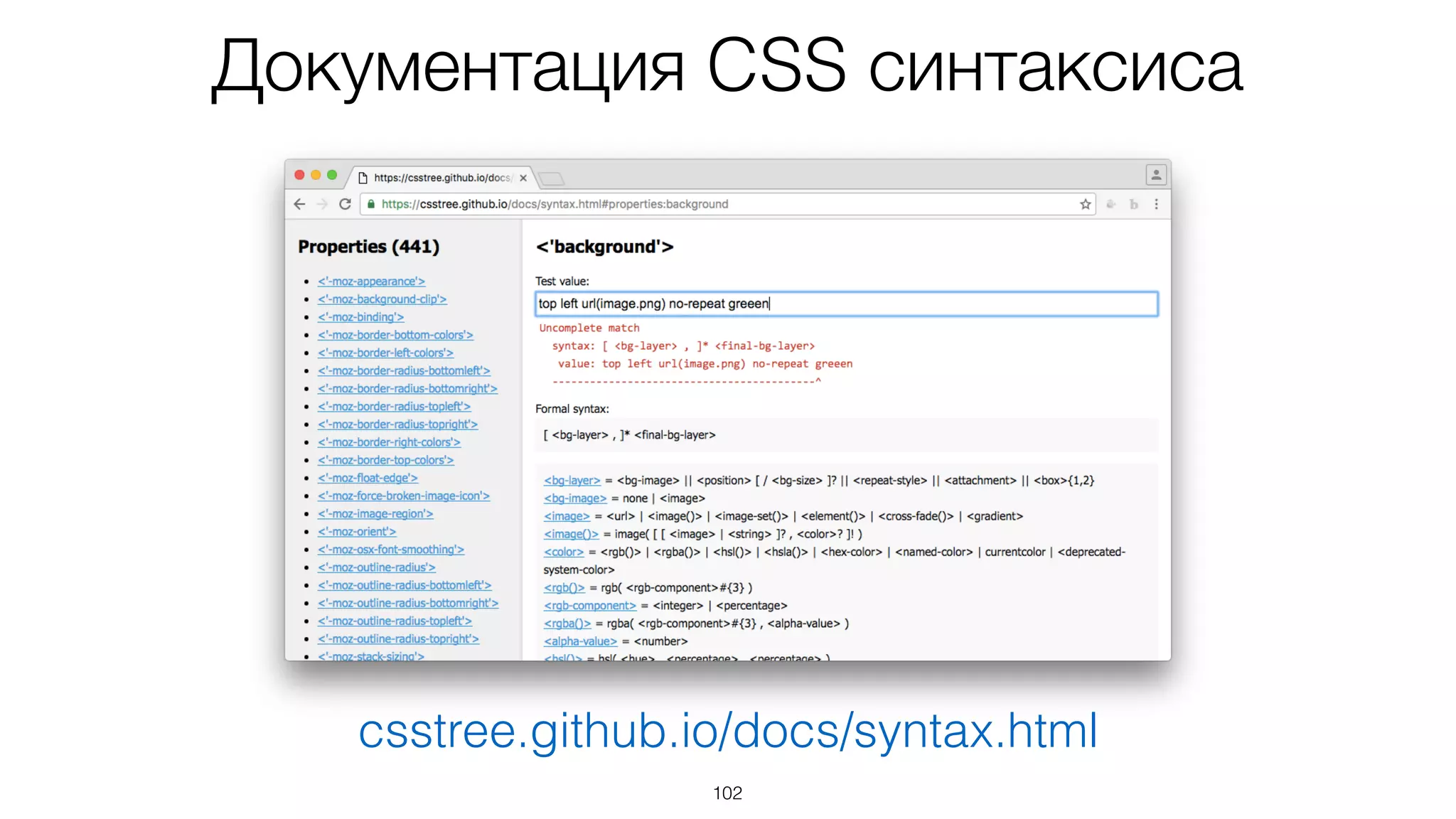 102
csstree.github.io/docs/syntax.html
Документация CSS синтаксиса
 