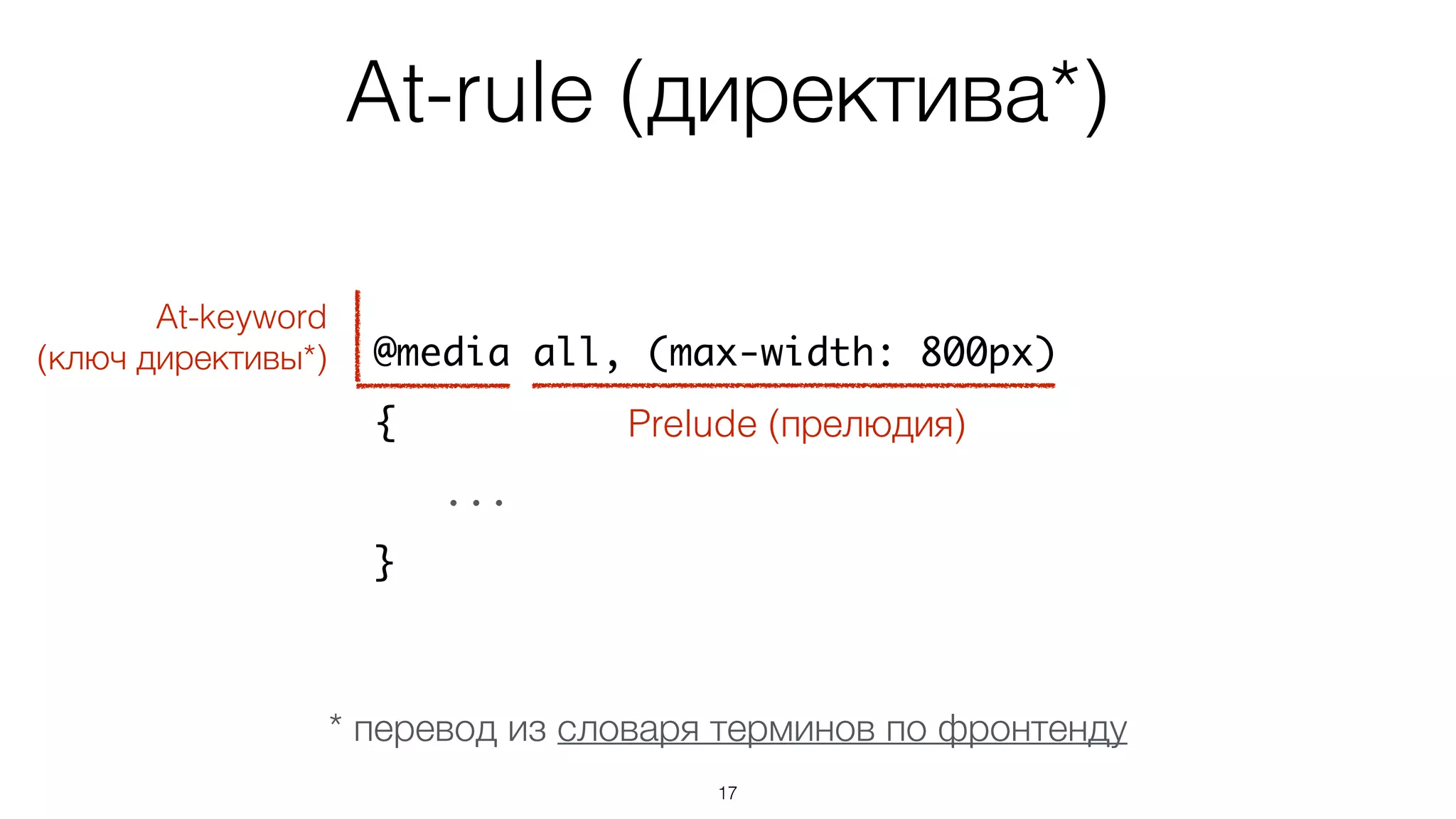 At-rule (директива*)
17
@media all, (max-width: 800px)
{
...
}
Prelude (прелюдия)
At-keyword
(ключ директивы*)
* перевод из словаря терминов по фронтенду
 