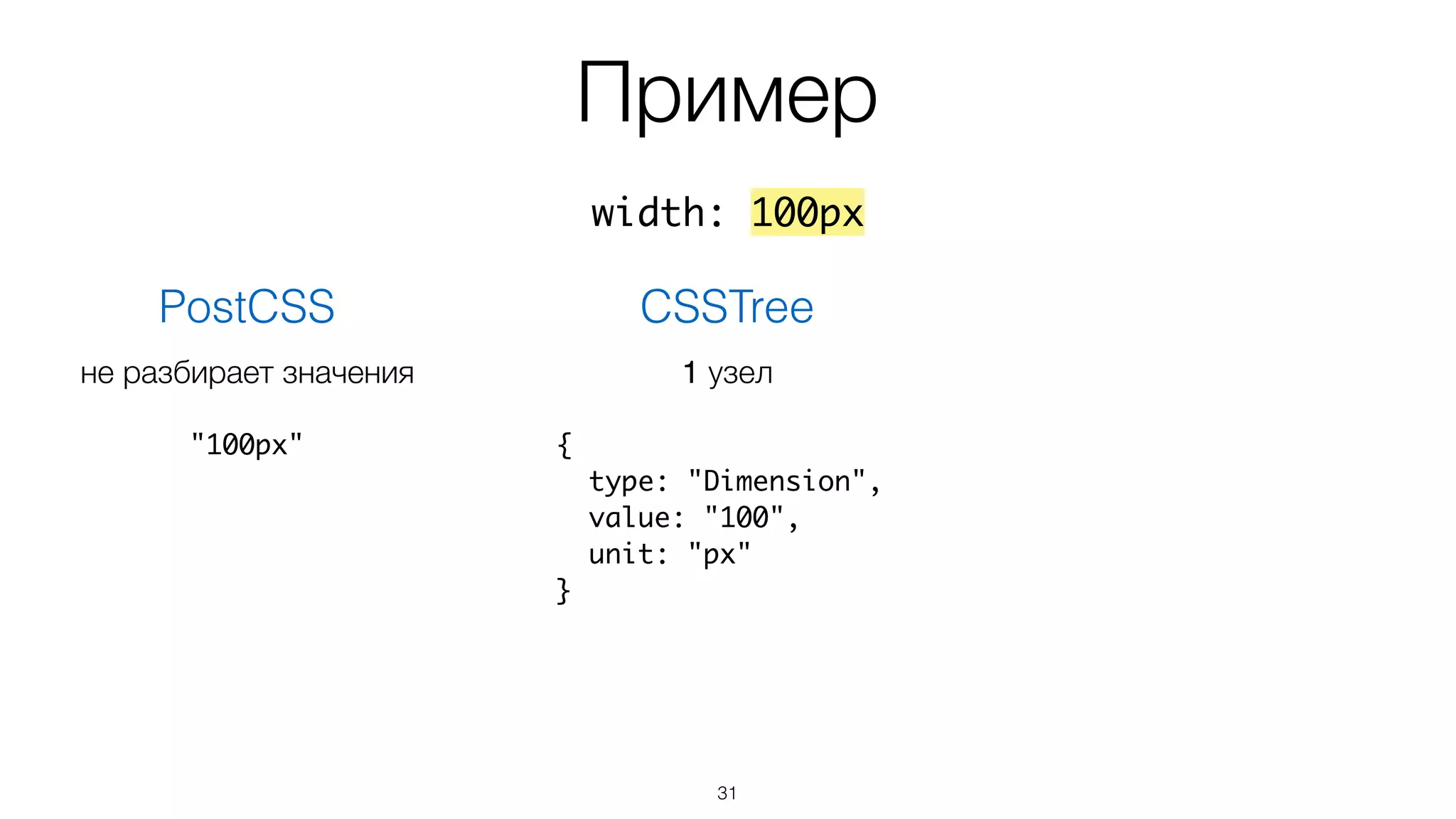 Пример
31
width: 100px
PostCSS
"100px"
не разбирает значения
CSSTree
{
type: "Dimension",
value: "100",
unit: "px"
}
1 узел
 