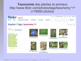 Taxonomie des plantes et animaux
      http://www.flickr.com/photos/tags/taxonomy:*=*
                      (+78000 photos)




DICEN - Séminaire Folksonomies et Tagging – 26 mars 2010
 