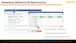Source to Pay Suite: Spend Analysis | eSourcing | Contract Management | Supplier Management | Savings Management | Project Management | Request Management | Procure-to-Pay
Standardized, Self-Service Tail Spend Sourcing
Tactical, Spot Buys – 3 Bids & Buy
Create and Invite New Suppliers on the Fly
Create RFQ Inquiry on Single Screen
 