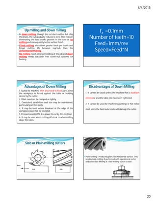8/4/2015
20
Up milling and down milling
 In down milling, though the cut starts with a full chip
thickness, the cut gradually reduces to zero. This helps in
eliminating the feed marks present in the case of up
milling and consequently better surface finish.
 Climb milling also allows greater feeds per tooth and
longer cutting life between regrinds than the
conventional milling.
 Up milling needs stronger holding of the job and down
milling needs backlash free screw-nut systems for
feeding.
fz =0.1mm
Numberof teeth=10
Feed=1mm/rev
Speed=Feed*N
Advantages of Down Milling
1. Suited to machine thin and hard-to-hold parts since
the workpiece is forced against the table or holding
device by the cutter.
2. Work need not be clamped as tightly.
3. Consistent parallelism and size may be maintained,
particularlyon thin parts.
4. It may be used where breakout at the edge of the
workpiece could not be tolerated.
5. It requires upto 20% less power to cut by this method.
6. It may be used when cutting off stock or when milling
deep, thin slots.
Disadvantages of Down Milling
1. It cannot be used unless the machine has a backlash
eliminator and the table jibs have been tightened.
2. It cannot be used for machining castings or hot rolled
steel, since the hard outer scale will damage the cutter.
Slab or Plain milling cutters
 Plain Milling : Producing plain, flat horizontal surface. This
is called slab milling if performed with a peripheral cutter
and called face Milling if a face milling cutter is used
 