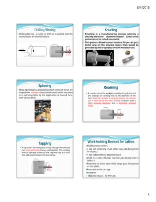 8/4/2015
4
Drilling/Boring
 Drilling/Boring - a cutter or drill bit is pushed into the
end to create an internal feature.
Knurling
 Knurling is a manufacturing process whereby a
visually-attractive diamond-shaped (criss-cross)
pattern is cut or rolled into metal.
 This pattern allows human hands or fingers to get a
better grip on the knurled object than would be
provided by the originally-smoothmetal surface.
Spinning
 Metal Spinning is a process by which circles of metal are
shaped over mandrels (also called forms) while mounted
on a spinning lathe by the application of levered force
with various tools.
Reaming
 A reamer enters the workpiece axially through the end
and enlarges an existing hole to the diameter of the
tool. Reaming removes a minimal amount of material
and is often performed after drilling to obtain both a
more accurate diameter and a smoother internal
finish.
Tapping
 A tap enters the workpiece axially through the end and
cuts internal threads into an existing hole. The existing
hole is typically drilled by the required tap drill size
that will accommodate the desired tap.
Work holding Devices for Lathes
 Held between centers
 3 jaw self centering chuck (Disc type jobs being held
in chucks )
 4 jaw independently adjusted chuck
 Held in a collet (Slender rod like jobs being held in
collets )
 Mounted on a face plate (Odd shape jobs, being held
in face plate)
 Mounted on the carriage
 Mandrels
 Magnetic chuck – for thin job
 
