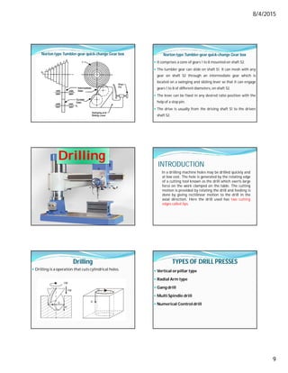 8/4/2015
9
Norton type Tumbler-gear quick-change Gear box Norton type Tumbler-gear quick-change Gear box
 It comprises a cone of gears 1 to 8 mounted on shaft S2.
 The tumbler gear can slide on shaft S1. It can mesh with any
gear on shaft S2 through an intermediate gear which is
located on a swinging and sliding lever so that it can engage
gears 1 to 8 of different diameters, on shaft S2.
 The lever can be fixed in any desired ratio position with the
help of a stop pin.
 The drive is usually from the driving shaft S1 to the driven
shaft S2.
Drilling
INTRODUCTION
In a drilling machine holes may be drilled quickly and
at low cost. The hole is generated by the rotating edge
of a cutting tool known as the drill which exerts large
force on the work clamped on the table. The cutting
motion is provided by rotating the drill and feeding is
done by giving rectilinear motion to the drill in the
axial direction. Here the drill used has two cutting
edges called lips.
Drilling
 Drilling is a operation that cuts cylindrical holes.
TYPES OF DRILL PRESSES
 Vertical orpillar type
 Radial Arm type
 Gang drill
 Multi Spindle drill
 Numerical Controldrill
 