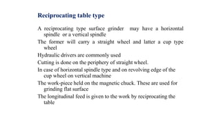Reciprocating table type
A reciprocating type surface grinder may have a horizontal
spindle or a vertical spindle
The former will carry a straight wheel and latter a cup type
wheel
Hydraulic drivers are commonly used
Cutting is done on the periphery of straight wheel.
In case of horizontal spindle type and on revolving edge of the
cup wheel on vertical machine
The work-piece held on the magnetic chuck. These are used for
grinding flat surface
The longitudinal feed is given to the work by reciprocating the
table
 
