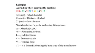 Example:
A grinding wheel carrying the marking
125 x 25 x32 WA46 L4 V 17
125(mm)---wheel diameter
25(mm)--- Thickness of wheel
32 (mm)---Bore diameter
W---Manufacturer’s prefix to abrasive. It is optional.
A---Abrasive(Al2O3)
46 ----Grain size(medium)
L ---grade (medium)
4 --- Dense structure
V --- Vitrified bond
17----it is the suffix denoting the bond type of the manufacturer
 