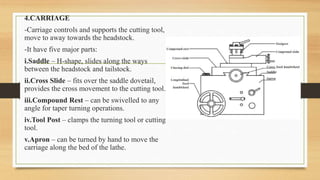 4.CARRIAGE
-Carriage controls and supports the cutting tool,
move to away towards the headstock.
-It have five major parts:
i.Saddle – H-shape, slides along the ways
between the headstock and tailstock.
ii.Cross Slide – fits over the saddle dovetail,
provides the cross movement to the cutting tool.
iii.Compound Rest – can be swivelled to any
angle for taper turning operations.
iv.Tool Post – clamps the turning tool or cutting
tool.
v.Apron – can be turned by hand to move the
carriage along the bed of the lathe.
 