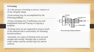 4.Forming
-It is the process of turning a convex, concave or
of any irregular shape.
-Form-turning may be accomplished by the
following method:
-Using a forming tool, Combining cross and
longitudinal feed and Tracing or copying a
template.
-Forming tools are not supposed to remove much
of the material and is used mainly for finishing
formed surfaces.
-Generally, two types of forming tools are used
straight and circular. Straight type is used for
wider surface and the circular type for narrow
surfaces.
 