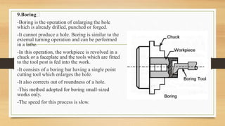 9.Boring﻿
-Boring is the operation of enlarging the hole
which is already drilled, punched or forged.
-It cannot produce a hole. Boring is similar to the
external turning operation and can be performed
in a lathe.
-In this operation, the workpiece is revolved in a
chuck or a faceplate and the tools which are fitted
to the tool post is fed into the work.
-It consists of a boring bar having a single point
cutting tool which enlarges the hole.
-It also corrects out of roundness of a hole.
-This method adopted for boring small-sized
works only.
-The speed for this process is slow.
 